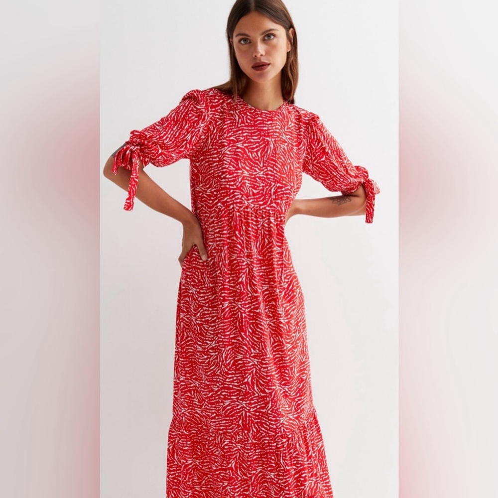 New Look Red Animal Print Tie Sleeve Tiered Midi Dress | NWT | Sz 4